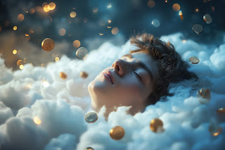 a person lying in a cloud with coins falling